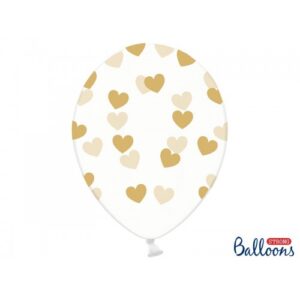 6 Transparent Latex Balloons with Gold Hearts, 30cm